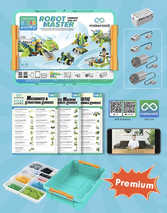 Robot Master Premium contents: kit, two motors, two sensors, course material and a storage box with sorting tray